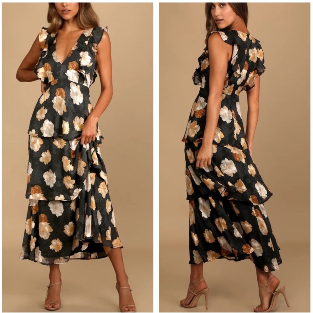 NWOT Lulu's Black Maxi Dress with White & Gold Floral Print